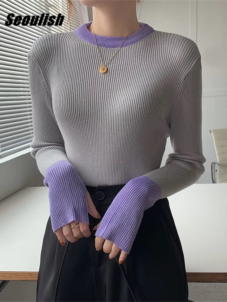Seoulish Spring Half Turtleneck Colorblock Knitted Women's Sweater 2024 New Long Sleeve Bottoming Solid Sweater Female Slim Tops