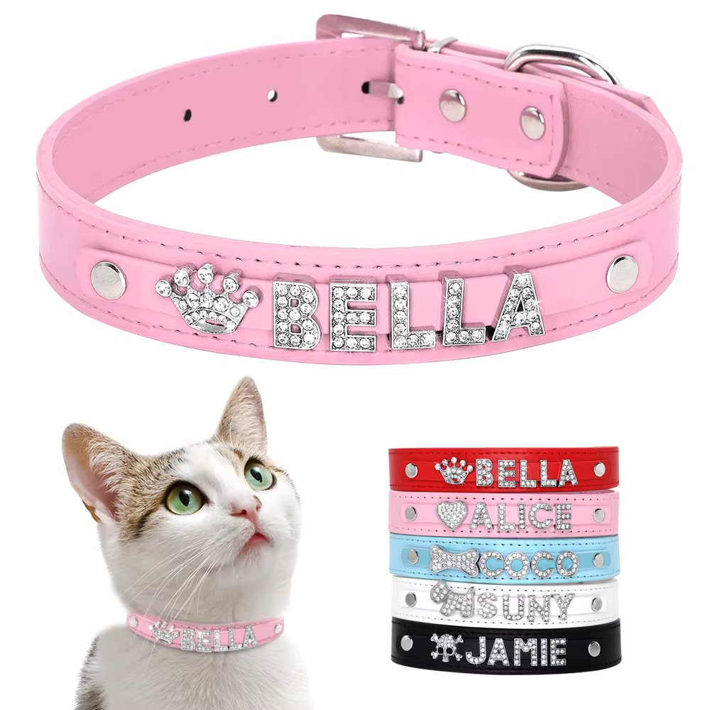 Personalized PU Leather Puppies Dog Collar Bling Rhinestones Chihuahua Collars Custom Cat ID Collars for Small Medium Large Dogs