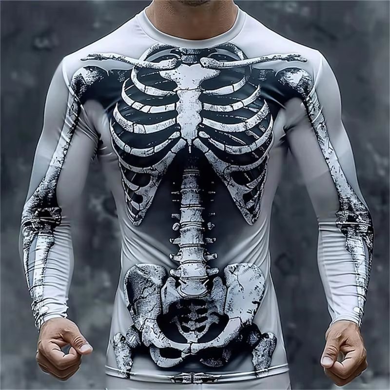 Retro 3D Full Print Long Sleeve T-shirt Mens Y2k Vatage Skeleton Skulls Graphic Harajuku Tee Tops Casual Harajuku Men's Clothing