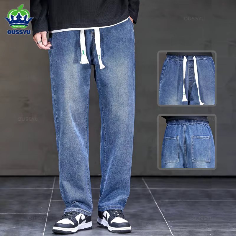 2024 New Autumn Winter Jeans Men Loose Straight Drawstring Elastic Waist Casual Denim Trousers Male Thick Pants Large Size M-5XL