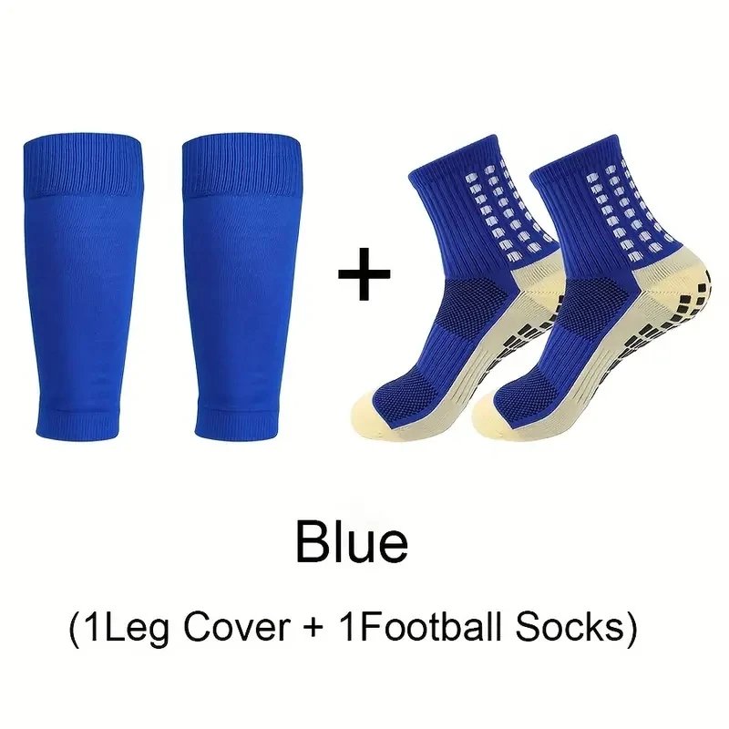 2 Pairs Set Men Football Socks and Knee Pads Calf Sleeves Adult Youth Outdoor Sports Protective Equipment Non-slip Soccer Socks