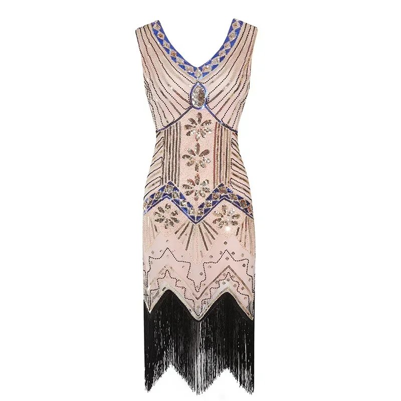 Gatsby Dress Sequin Flapper Sleeveless Women Vintage Dress Retro 1920s Great Dancing Party Prom Tassel Hem Dress