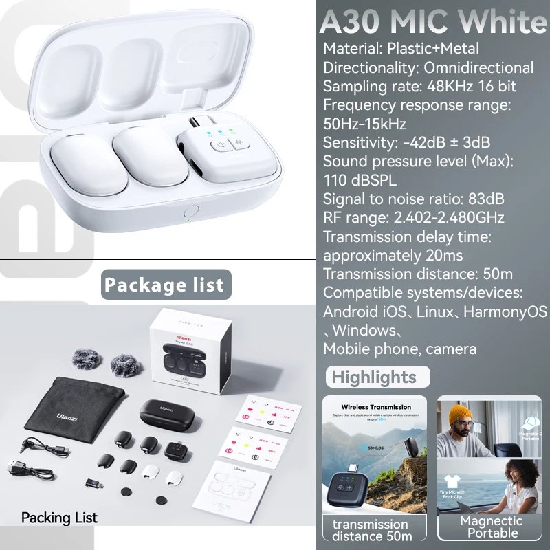 Ulanzi A30 Wireless Lavalier Microphone Audio Video Recording Noise Reduction Magnectic Mini Mic For iPhone 16 15 Android Phone