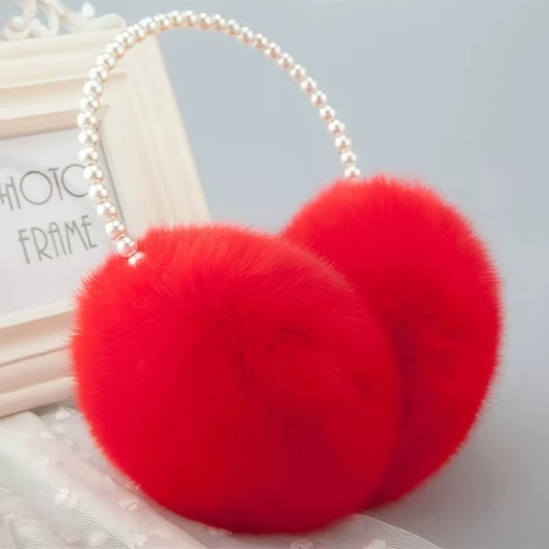 Faux Pearl Hoop Plush Headband Elegant Solid Color Fluffy Earmuffs Thick Coldproof Ear Warmer For Women Girls