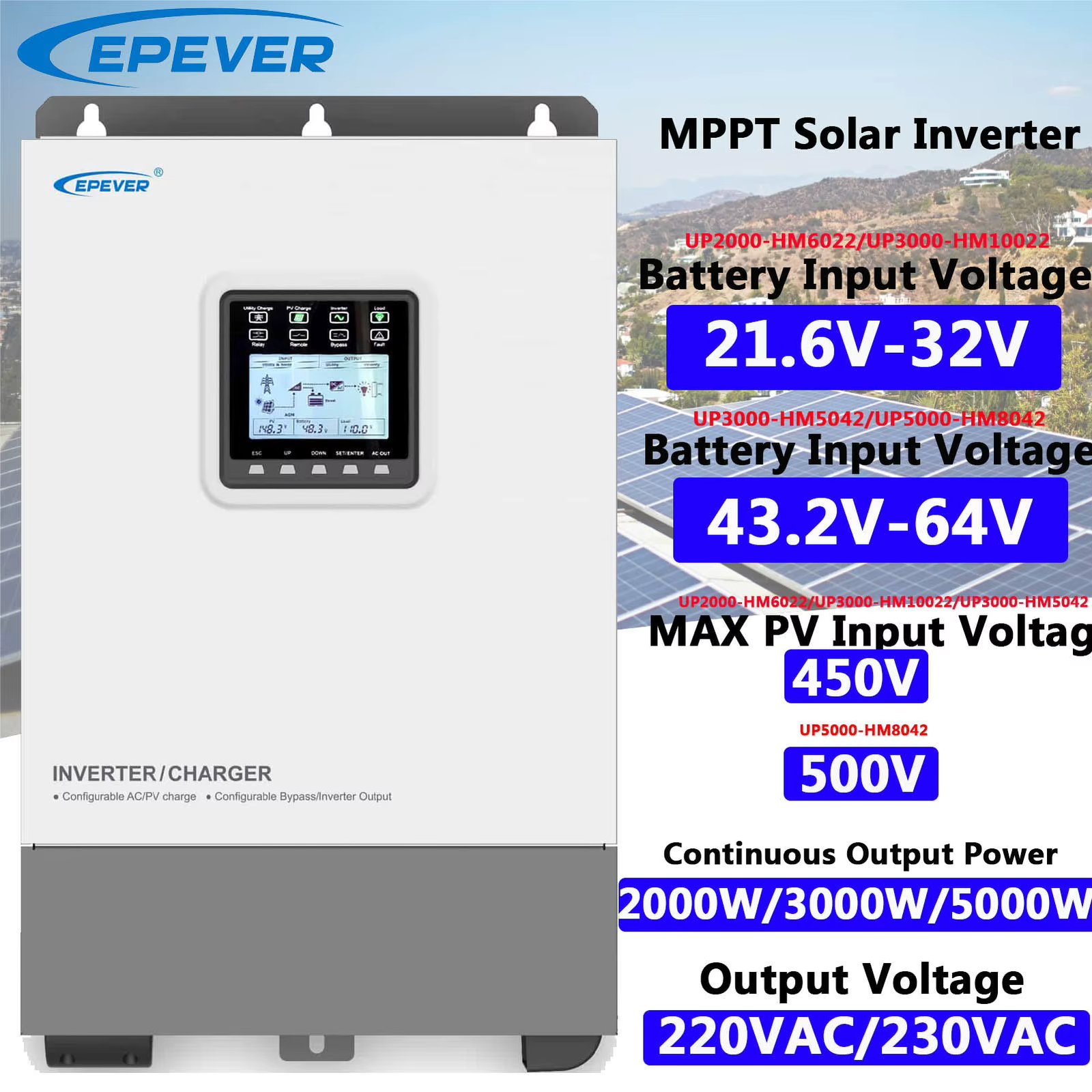 EPever UPower Inverter UP-HM series 3000W with dc 24v to AC 220V 230V MAX  Battery Current 100A