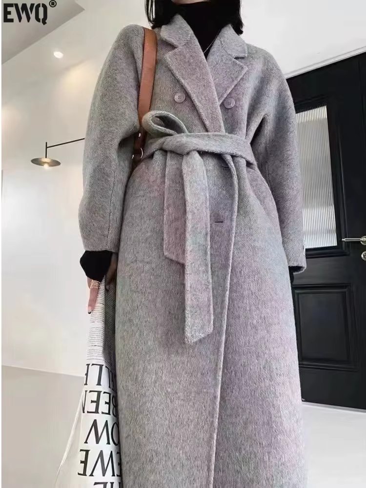 [EWQ] Elegant Long Sleeve Double Breasted Two-faced Cashmere Coat Lace-up Women Winter Warm Woolen Coat 2024 Autumn New 16O2166