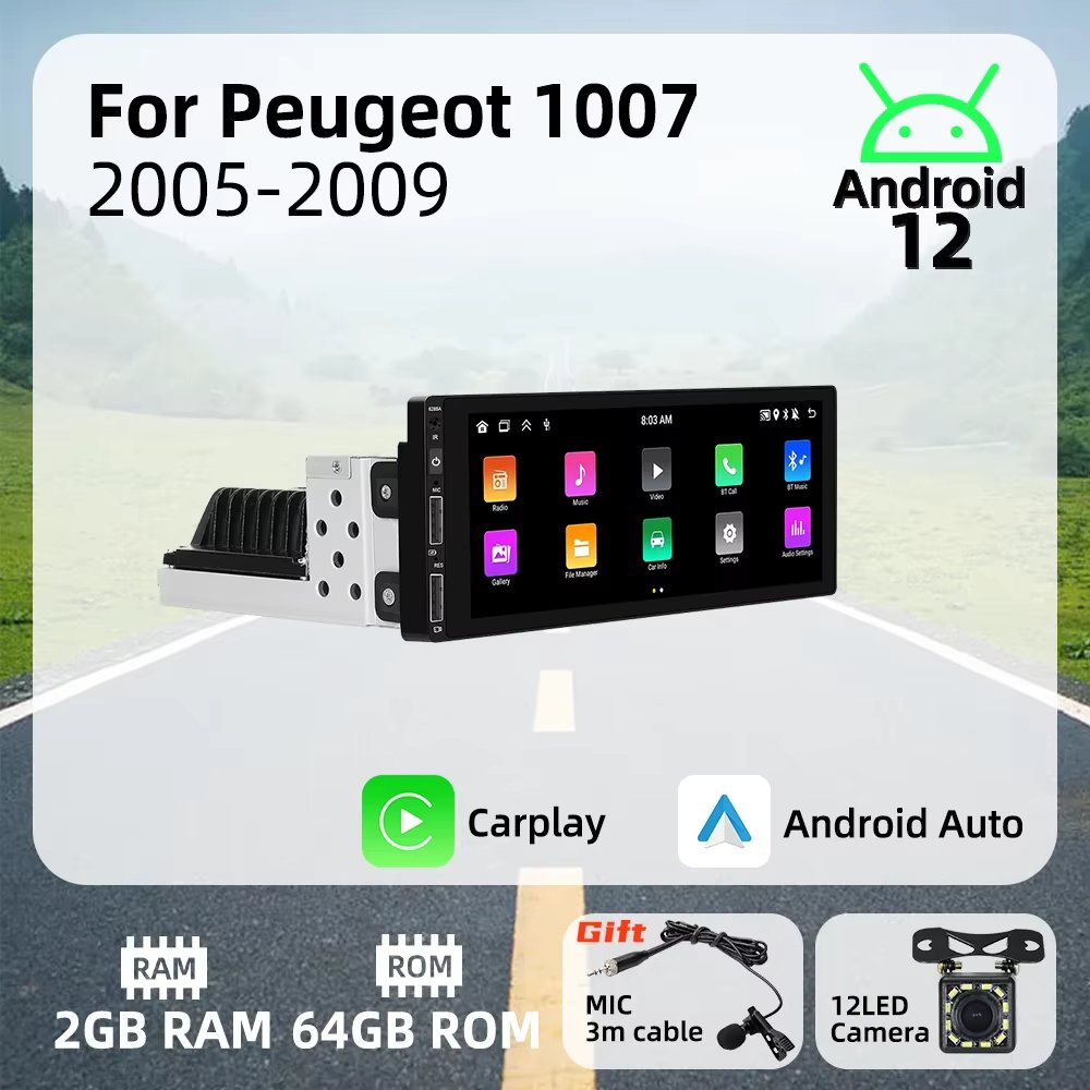 6.9 Inch 1 Din Android Radio Car Multimedia for Peugeot 1007 2005-2009 Stereo Head Unit Carplay Autoradio GPS Navigation BT Wifi