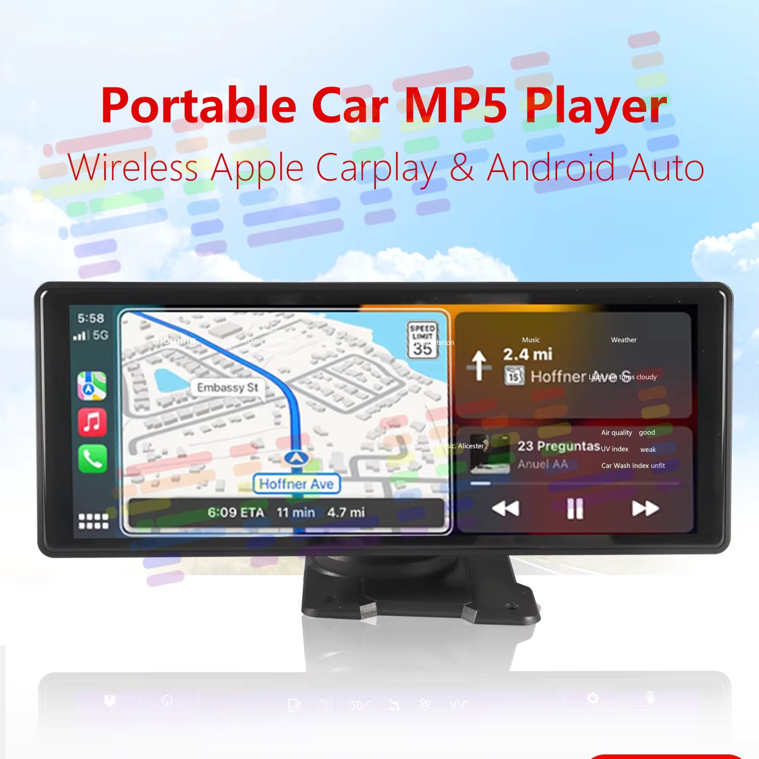 10.26" Touchscreen Wireless Apple Carplay Portable Car Stereo Android Auto Navigation with Voice Control Bluetooth MP5 Music AUX