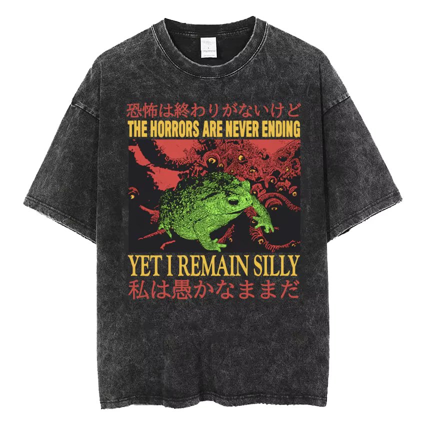 The Horrors Are Never Ending Yet I Remain Silly T-shirt Funny Japanese Style Frog Retro Washed T Shirt Men's Oversized Tees Tops