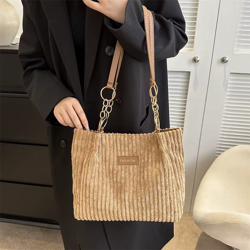 Retro Large Capacity Shoulder Bag Casual Simple Portable Shopper Tote Bag Corduroy Solid Commuter Zipper Women's Handbag
