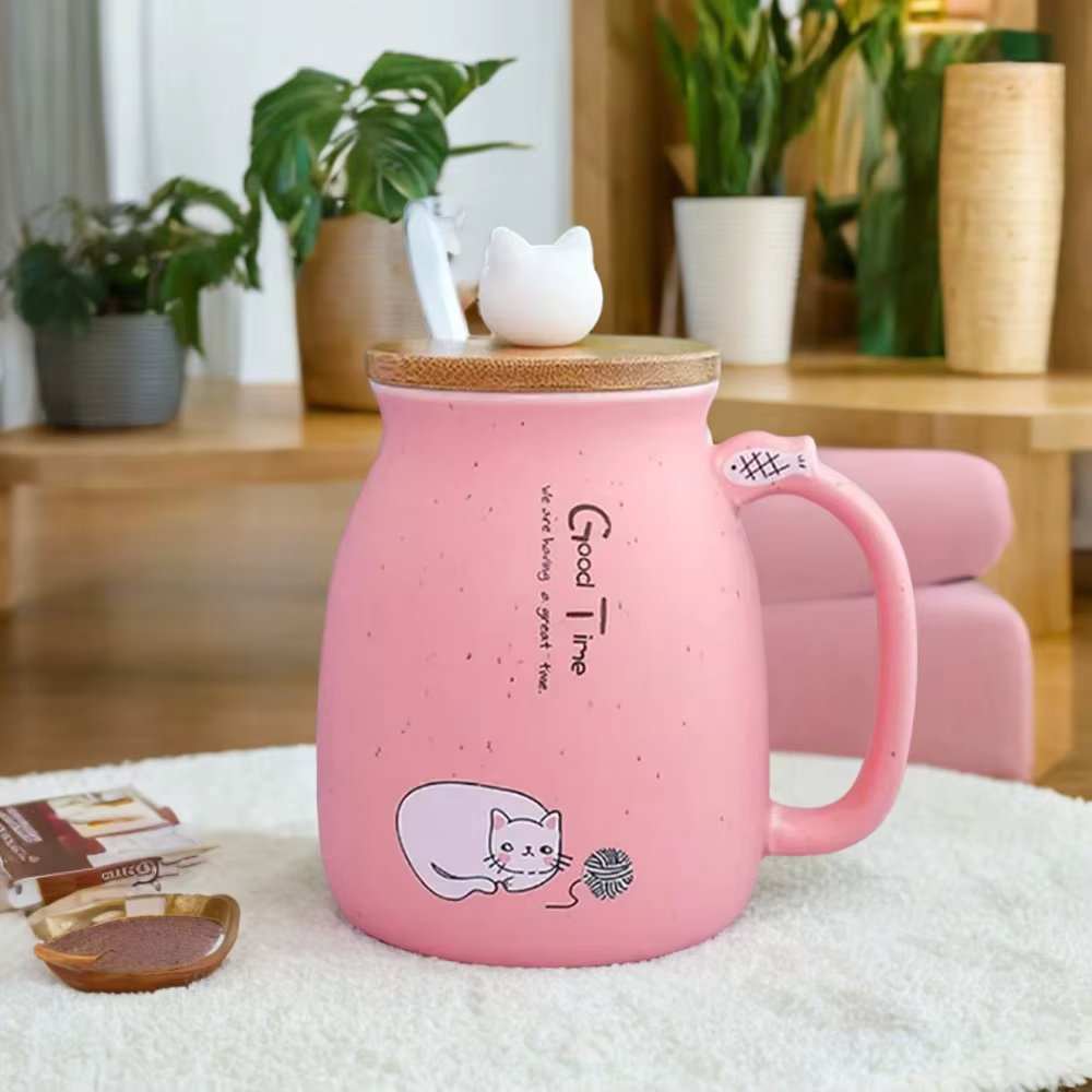 Colorful Japanese Style Ceramic Coffee Mug with Lid and Spoon - Adorable Cartoon Cat Design - Ideal for Coffee, Cappuccino, Tea,