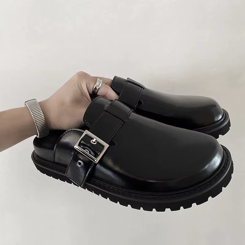 Summer birken shoes for men bright black versatile commuting Mules shoes with leather toe caps and height increasing slippers