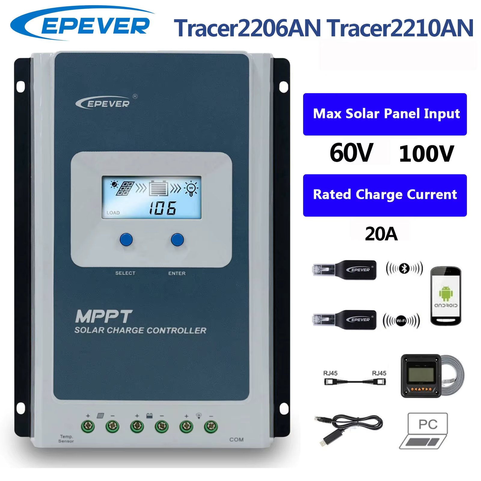 EPEVER 20A MPPT Solar Charge Controller Max PV Input 60V for Tracer2206AN 100V for Tracer2210AN