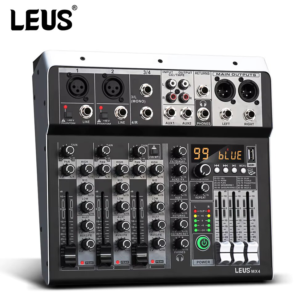 LEUS MX4 Channel 99 DSP Effect Audio Mixer Record PC 48V Phantom Power USB Sound Mixers Bluetooth DJ Console Mixing for Karaok