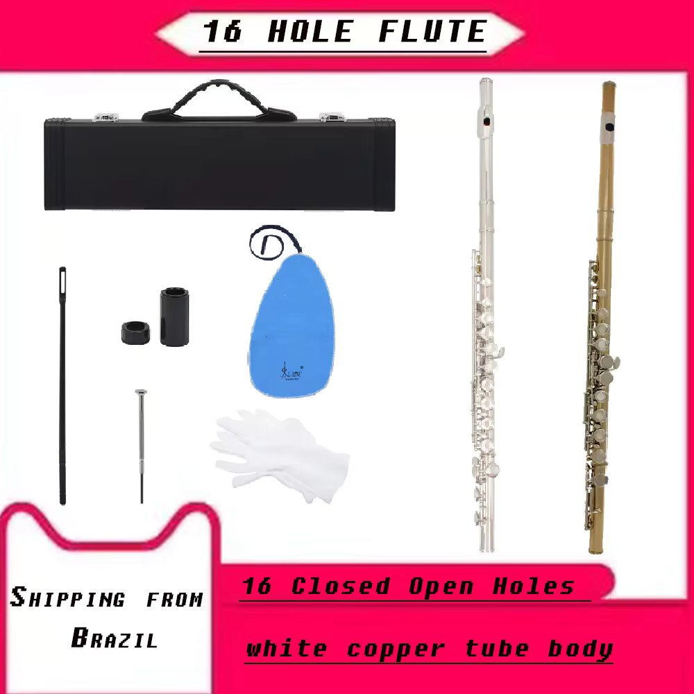 SLADE16 Closed Open Holes C Flute Professional Transverse Flute Concert Musical Instrument with Box Cleaning Cloth Stick Gloves