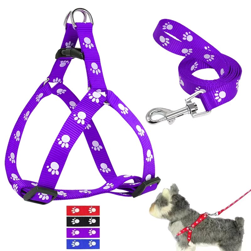 Cute Paw Print Step Dog Harness and Leash Set Nylon Adjustable Dog Harness Walking Leash Strap for Small Medium Dogs S/M/L