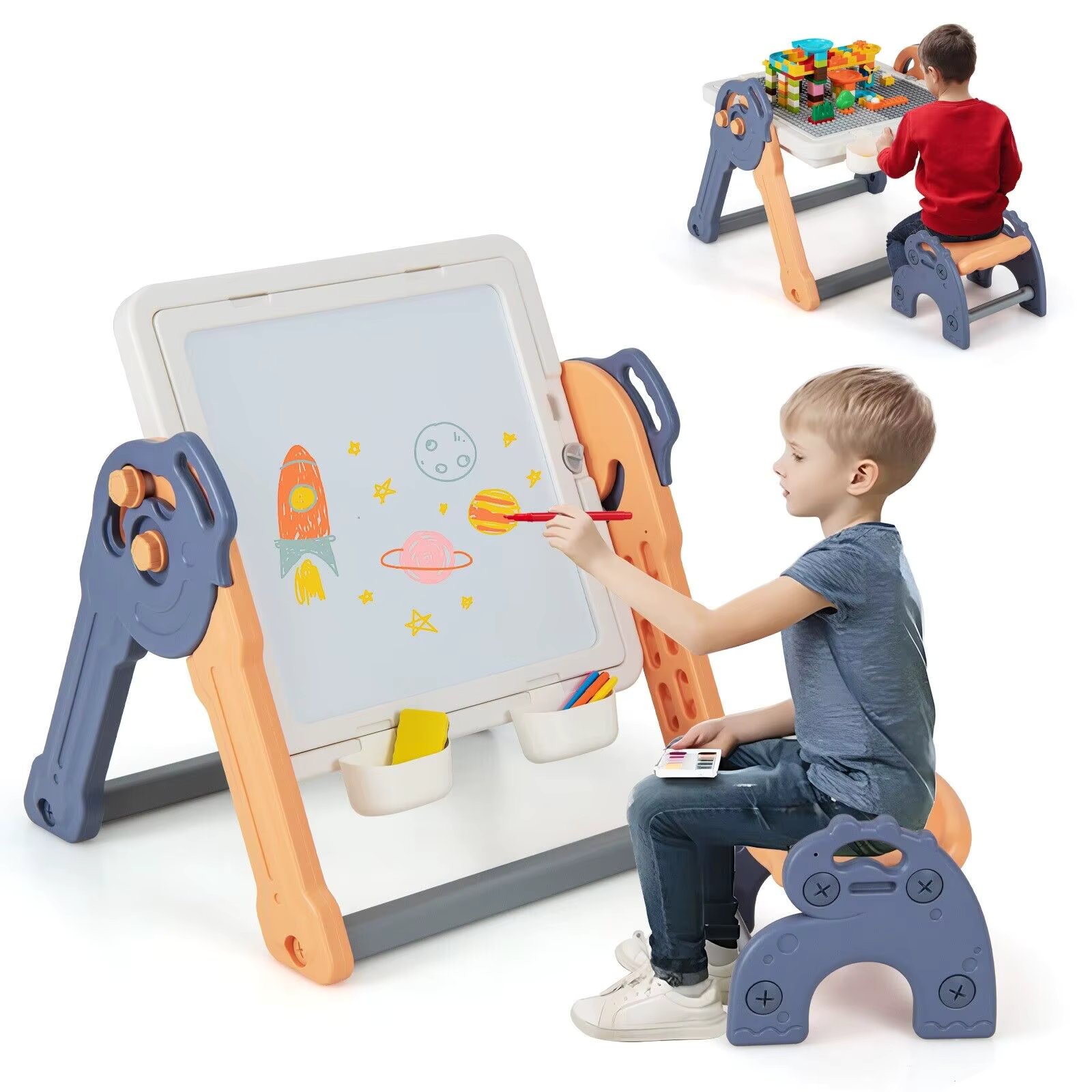 GOFLAME 6-In-1 Multi-activity Kids Play Table & Chair Set Folding Kids Painting Easel