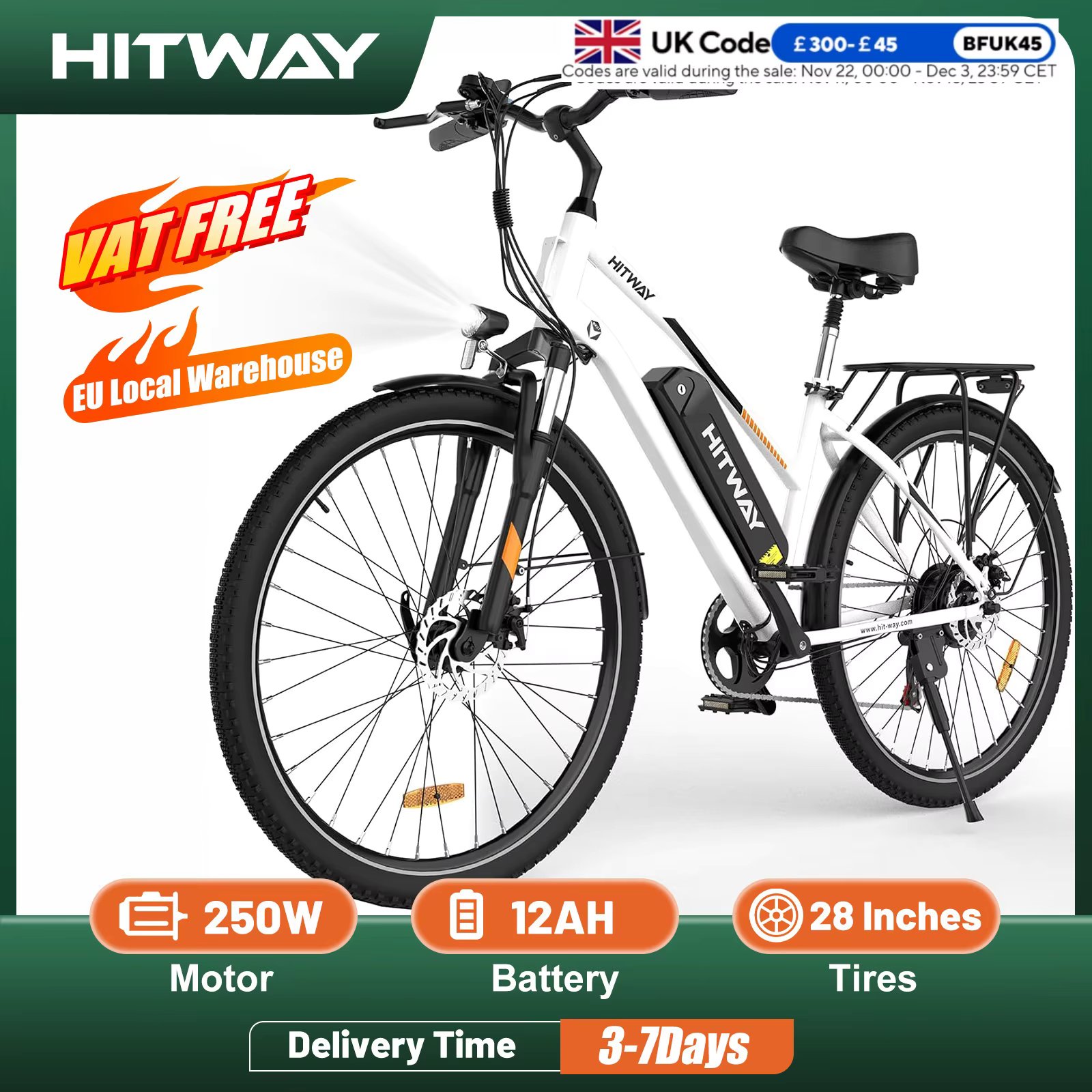 HITWAY Electric Bicycle Commute E-bike with 36V 12Ah Removable Battery, 250W Motor, 7-Speed Gear, Assist Range up to 35-90Km