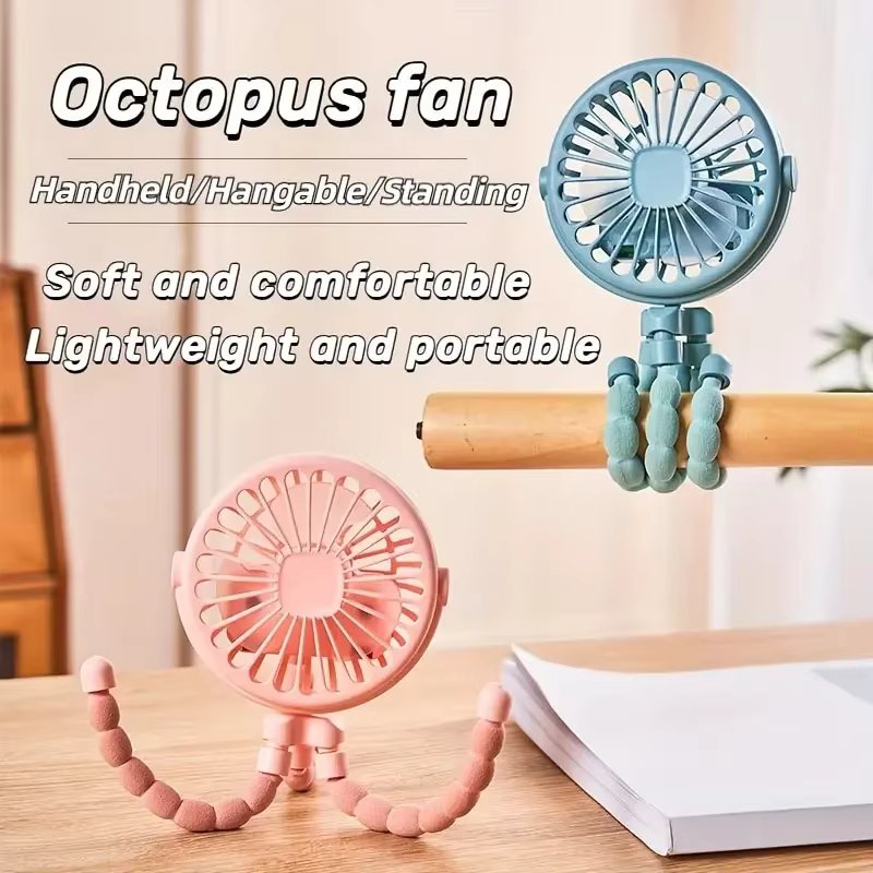USB Rechargeable Octopus Multifunctional Mini Fan Fixable Small Fan Portable Desktop for Baby Stroller Bicycle with Soft Wind