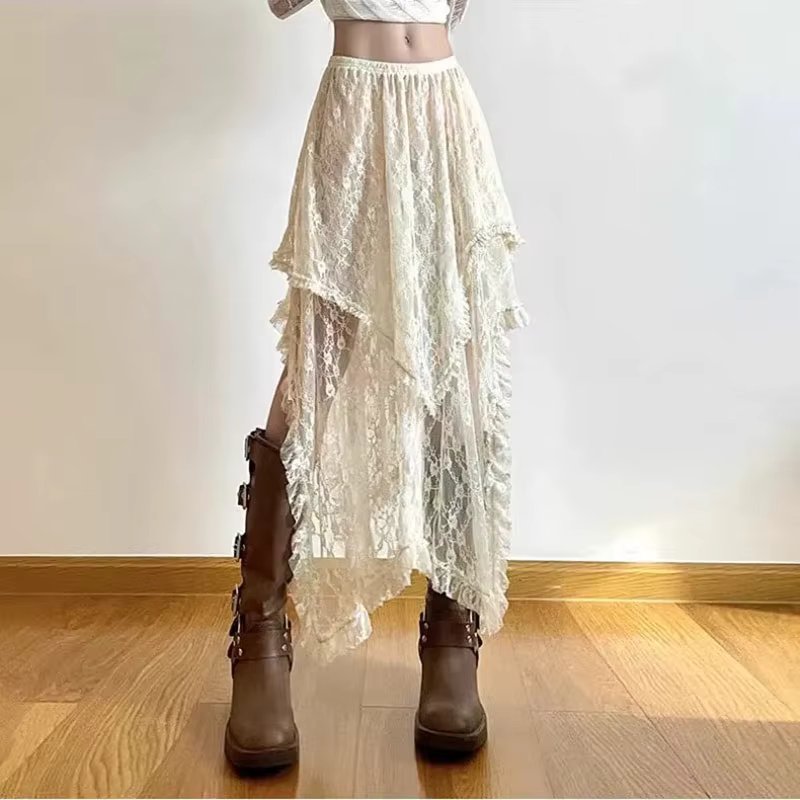 Lace Asymmetrical Skirt Women Vintage Y2K Boho Aesthetic Fashion High Waist Mid Skirts Summer Ladies Holiday Outfits