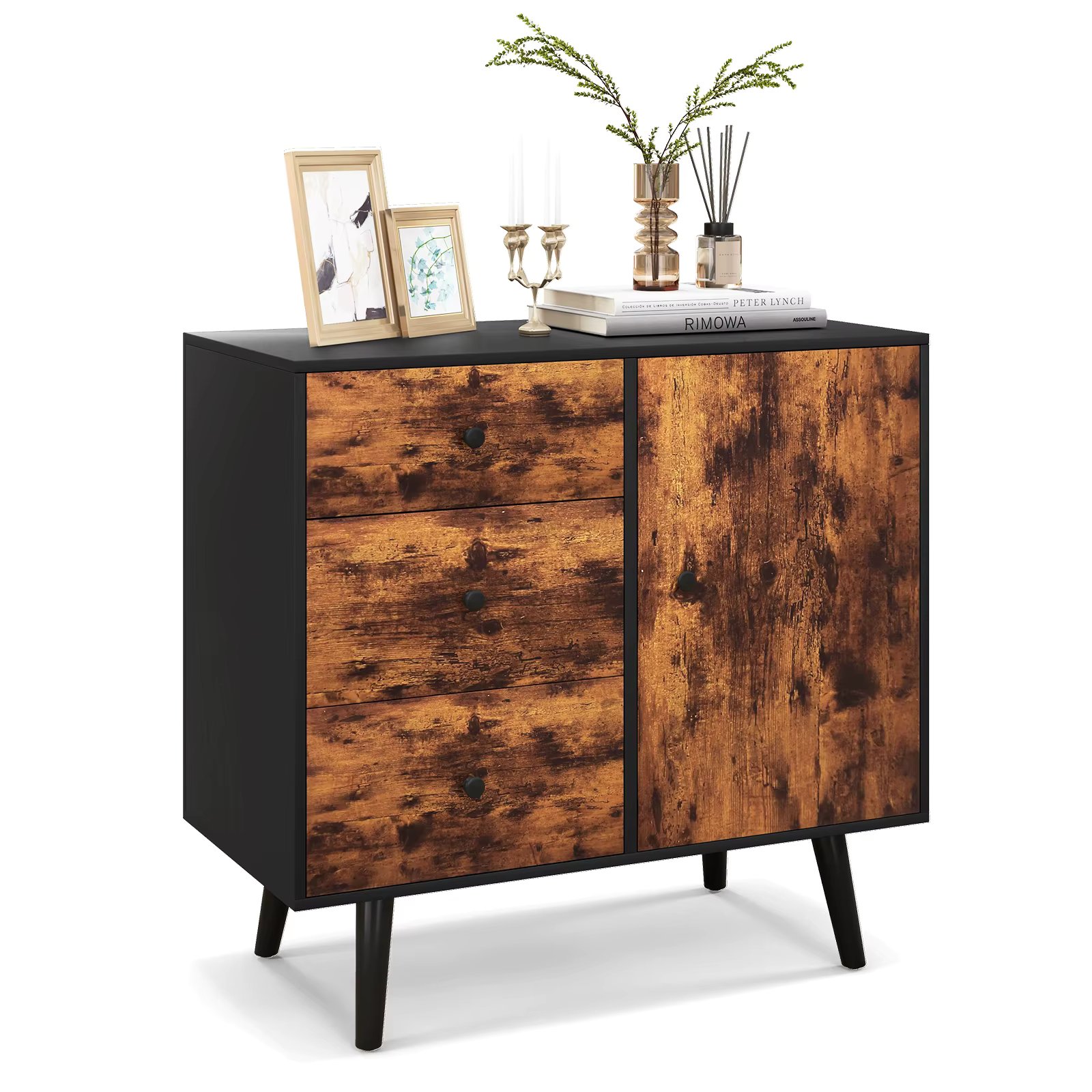 GOFLAME Storage Cabinet W/ Door & 3 Drawers. Mid-Century Wood Accent Cabinet W/ Adjustable Shelf