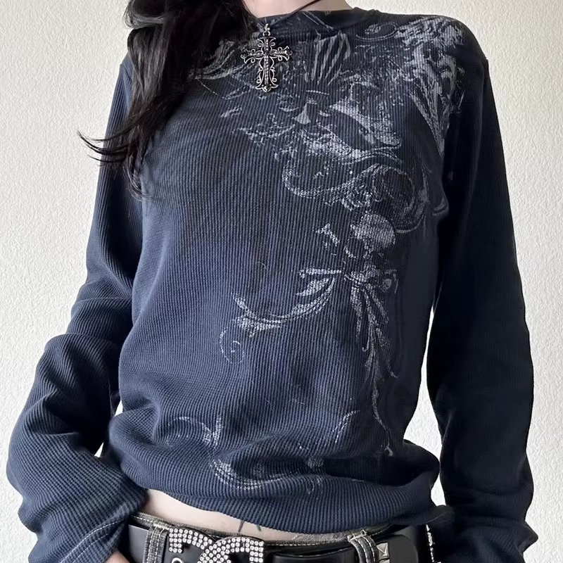 Y2K Grunge Cyber Mall Goth Thermal T-shirt Skulls Graphic Print Long Sleeve Pullovers Tops Women 90s Vintage Aesthetic Tees