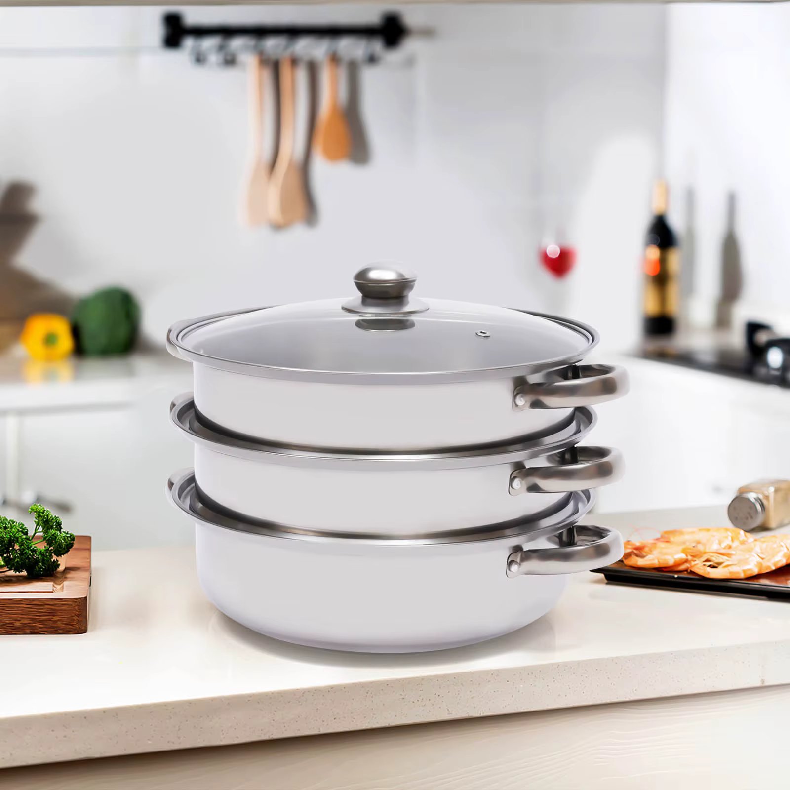11" 3 Tier Large Stainless Steel Steaming Cooker Steamer  Pot Sets W/Glass Lid