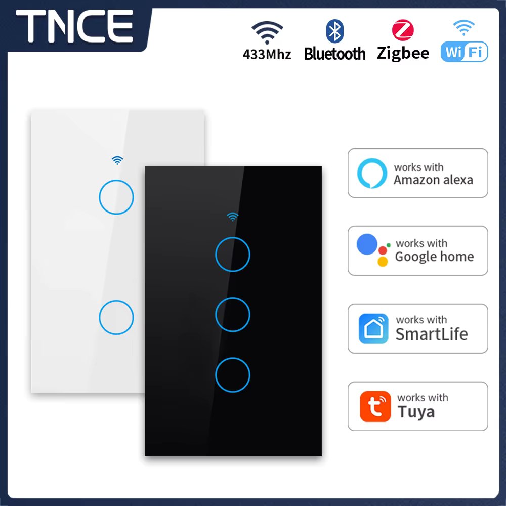 TNCE Tuya US WiFi+Bluetooth/Zigbee Smart Wall Switch RF433 1/2/3/4 Gang Smart Touch Sensor LED Light Switches Alexa Google Home