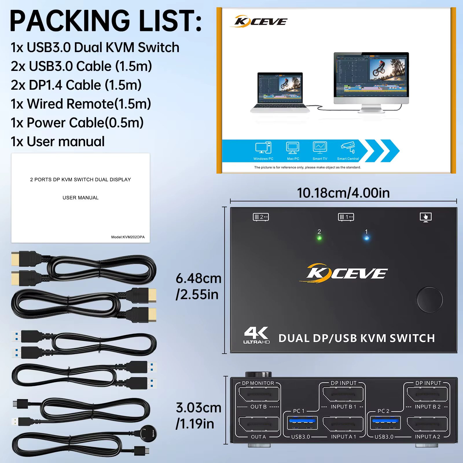 KVM Switch Dual Monitor DisplayPort 1.4 8K@30Hz 4K@144Hz 2 in 2 Out,DP1.4 KVM Switch and 4 USB3.0 for 2 Computers Compatible DP