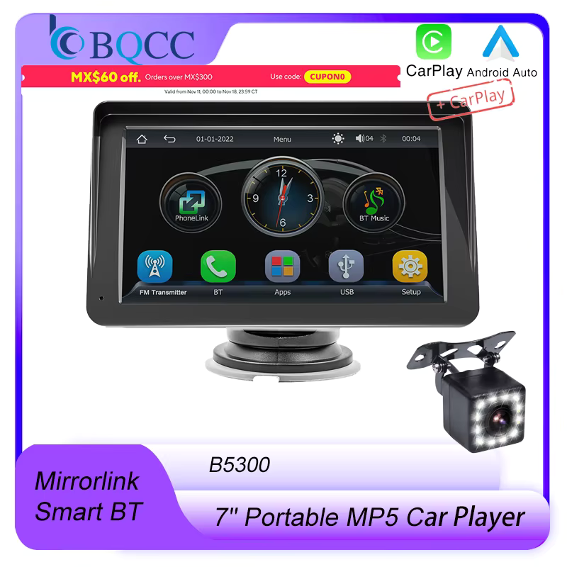 BQCC 7" Portable Car MP5 Player Wireless Carplay Android Auto MIrrorlink BT FM USB TF Car Radio Reversing Image Vehicle Stereo