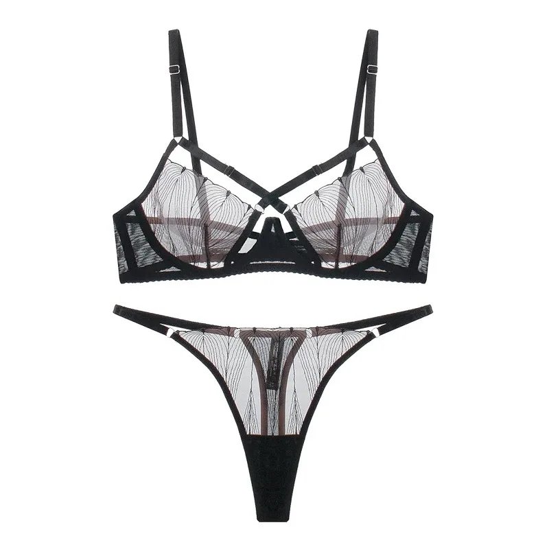 Ultra Sexy Lingerie Underwear with Lace Cross Bandage Ultra Thin Transparent See Through Bra Thong Set G-string Women Intimates