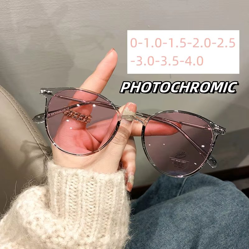 Intelligent Blue Light Blocking Myopia Glasses Round Frame Ultra Light Color Changing Sunglasses Outdoor Travel Driving Eyewear
