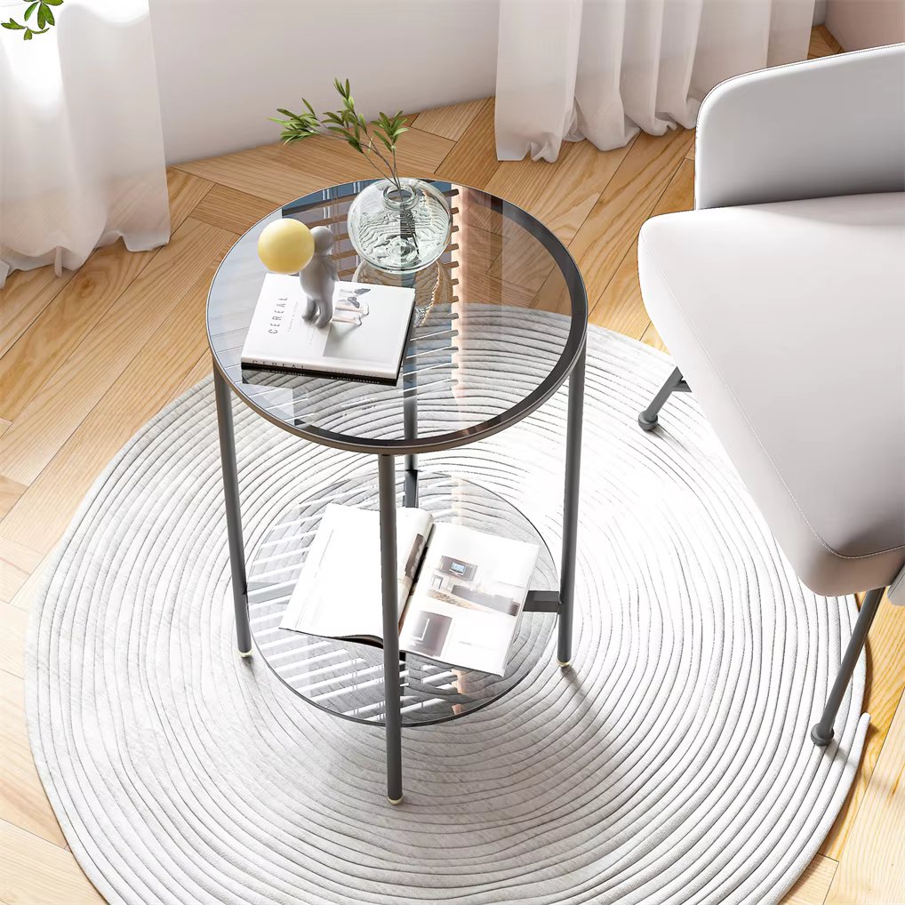 High-End Round Side Table, 2 Tier Glass Coffee Table, Nightstand Storage for Home and Offices