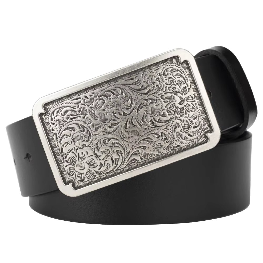 Cowskin Men's Belt Retro Tang Grass Square Silver Plated Smooth Buckle Youth Decorative Leisure
