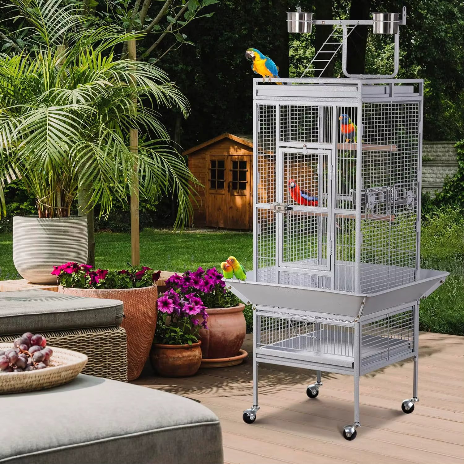 Parrot Cockatiel Bird Cages with Wrought Iron Play Top, Aviary with Rolling Stand for Sun Parakeet Quaker