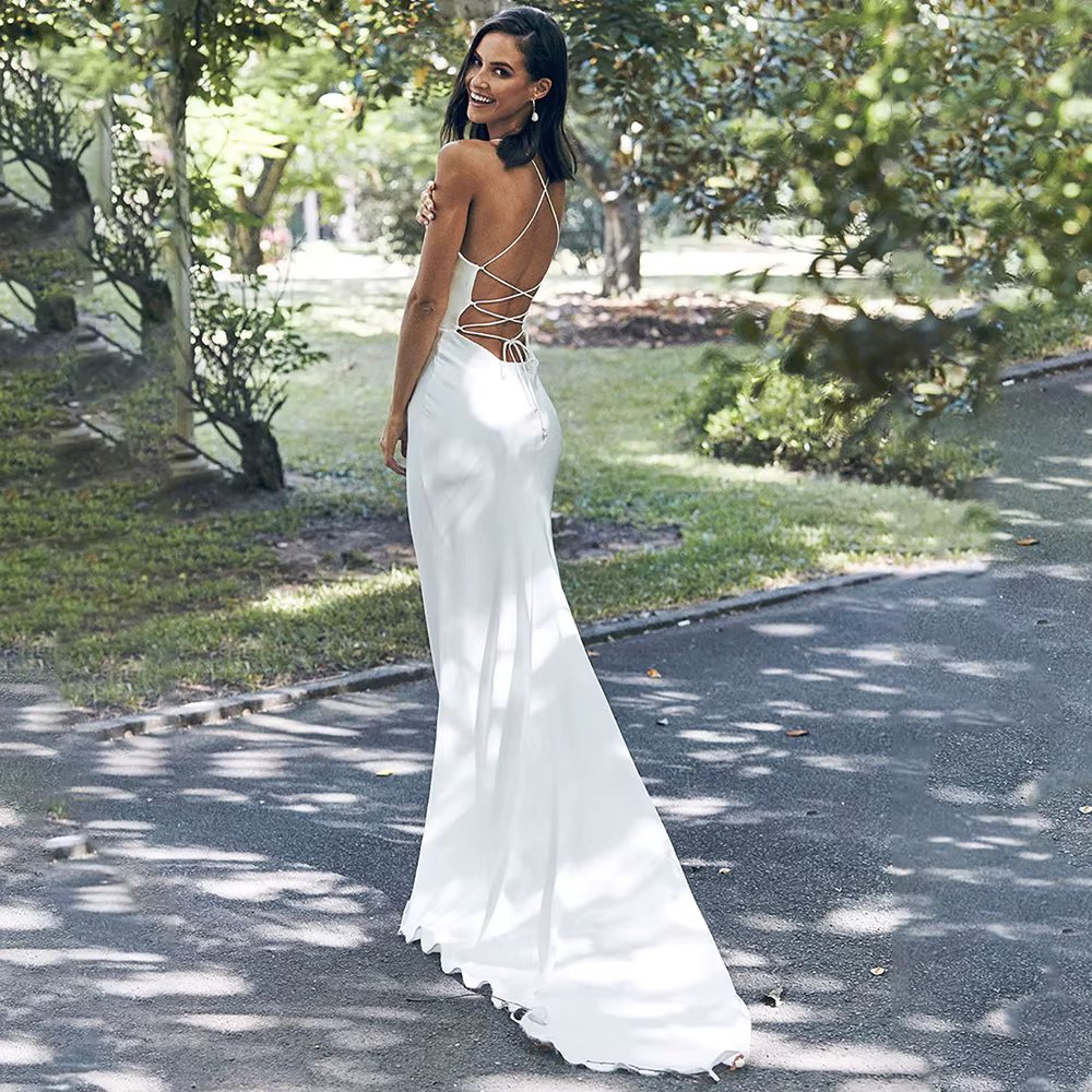 DREAM Customized Sexy Spaghetti Straps Cowl Neck Wedding Dress 2025 Simple Sleeveless Crepe Mermaid Bridal Gowns Sweep Train