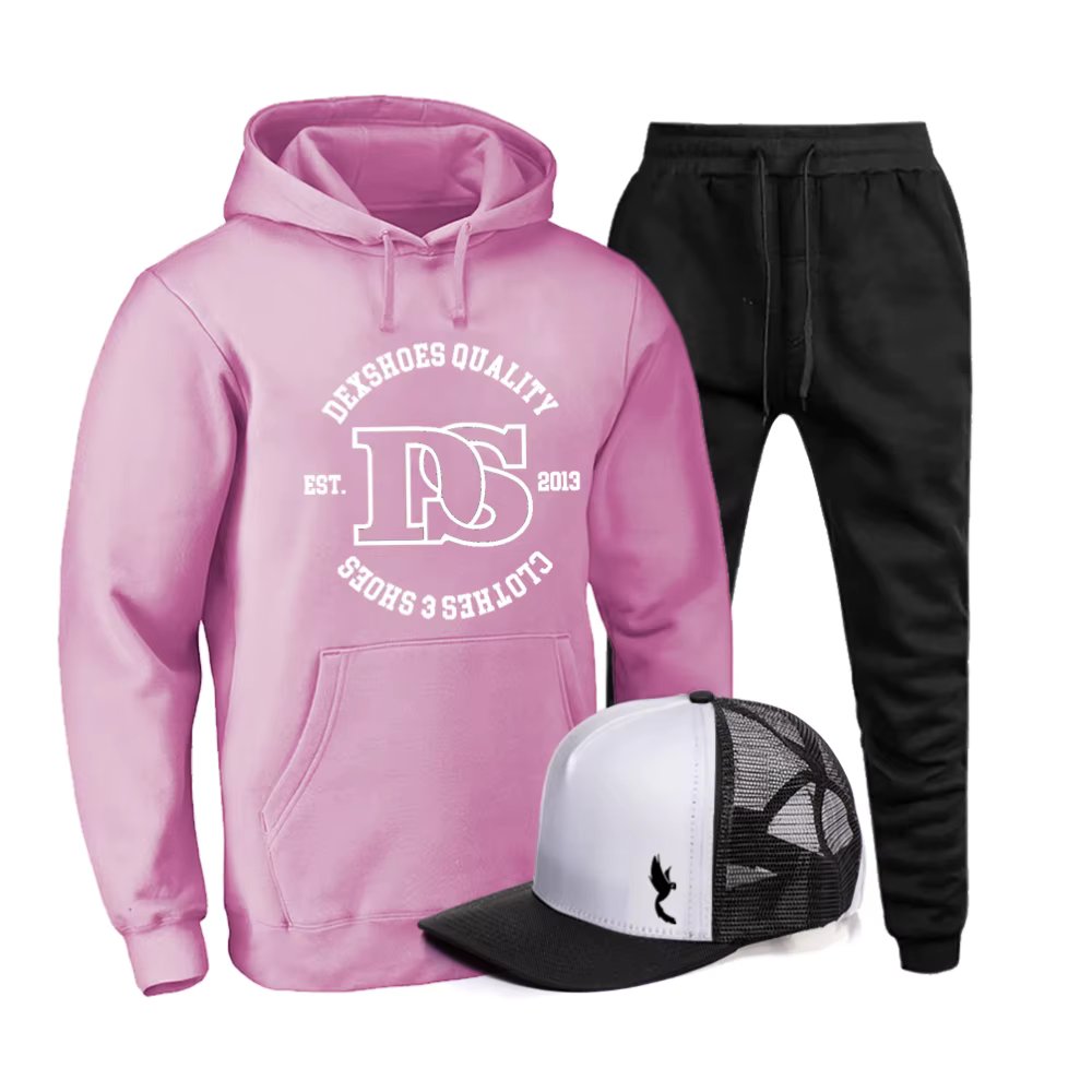 Kit Conjunto de Moletom Fechado Unissex Calça e Blusa Estampada Bolso Unico Capuz Punhos com Bone