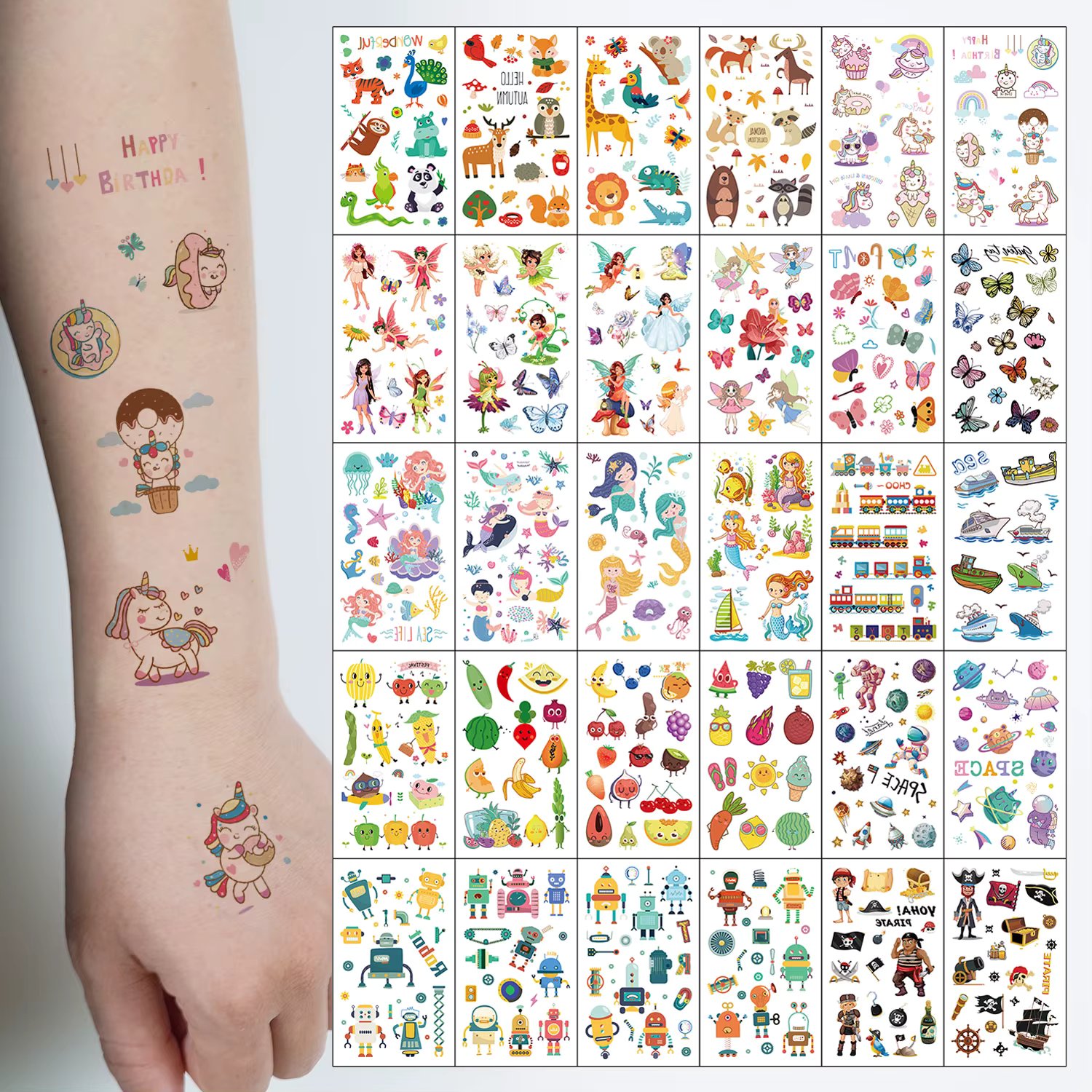 30pcs Cute Cartoon Tattoo Stickers, Unicorn, Animal, Mermaid, Car Wheel Boat, Space Robot, Fruit, Pirate, Butterfly Elf Tattoos
