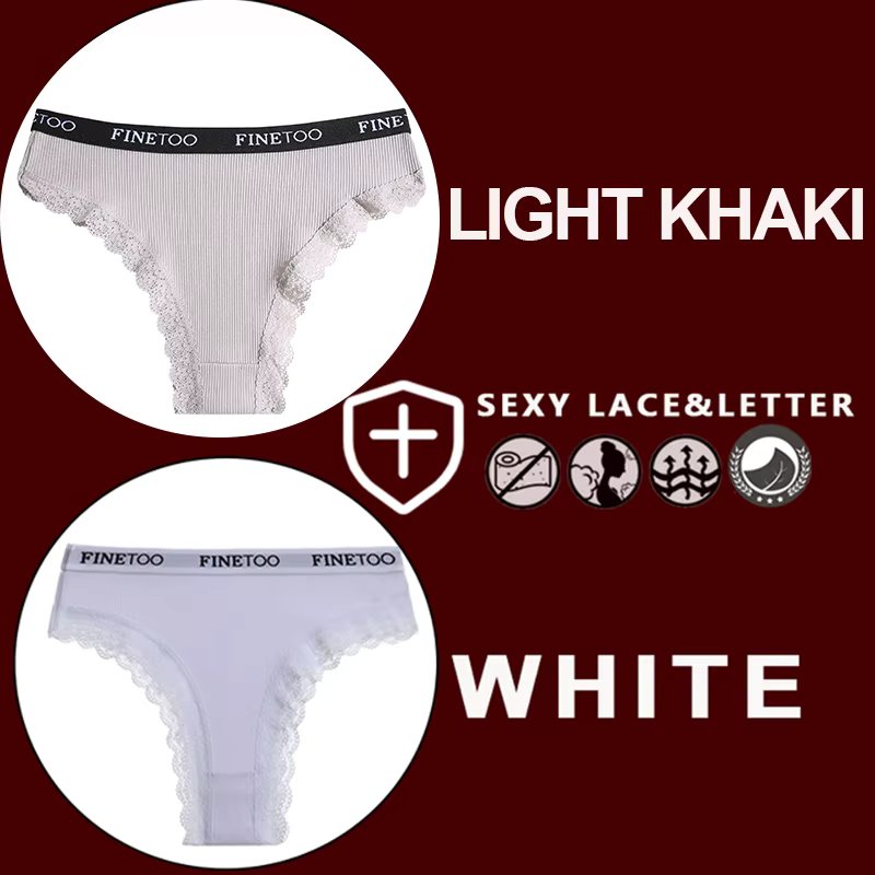 FINETOO 2PCS/Set Women's Cotton Panties Girls Letter Thongs Brazilian Pantys Sexy Lace Underwear For Woman Lingerie Bikini Panty