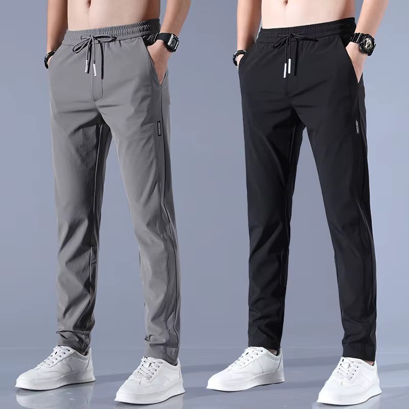 2023Men's Ice Silk Casual Trousers Summer Quick-Drying Gym Sports Pants Thin Solid Color Fashion Pocket Casual Straight Pantalon