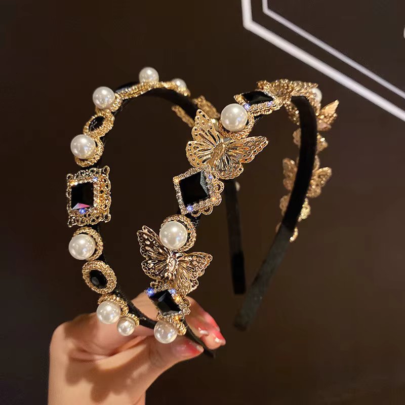 Golden Butterfly Rhinestone Luxury Headband Headwear Baroque Crown Metal Flower Bee Hairband for Women Vintage Hair Accessories
