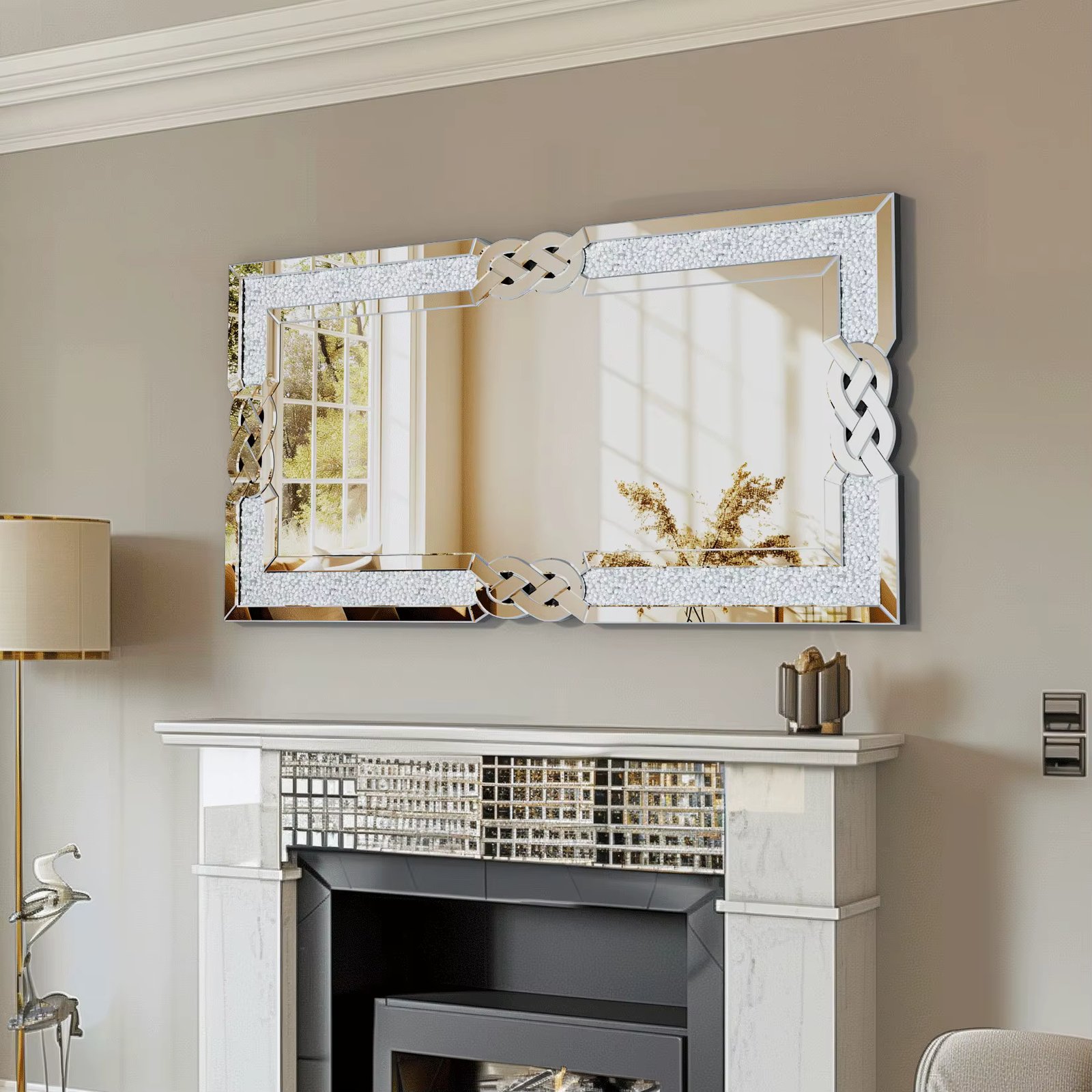 Wisfor Large Crushed Diamond Wall Mirror Rectangular Glass Silver Inlay Edge, Glam Style for Living Room, Bedroom, Home Hallway