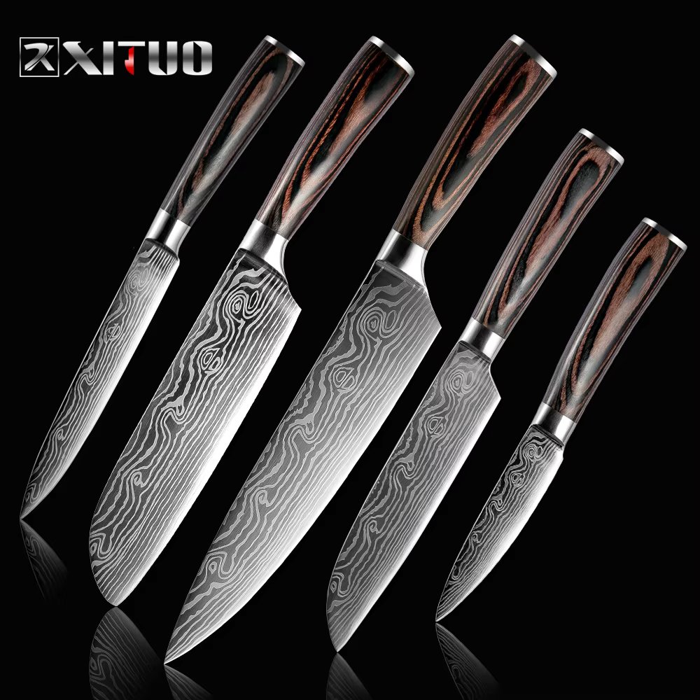 XITUO 2-5PCS Set Kitchen Knife Damascus Laser Stainless Steel Blades Chef Knife Santoku knife Utility Paring knives Tools