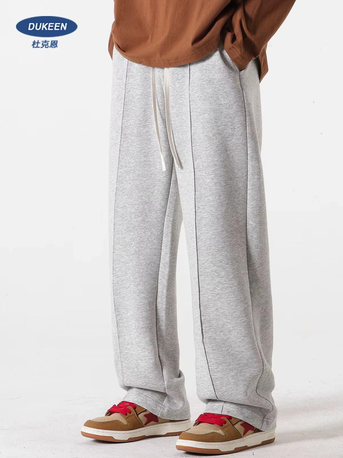 DUKEEN Sweatpants Men Autum and Winter Padding Pants for Men Fleece Trousers Loose Solid Color Full Length Straight Legged Pants