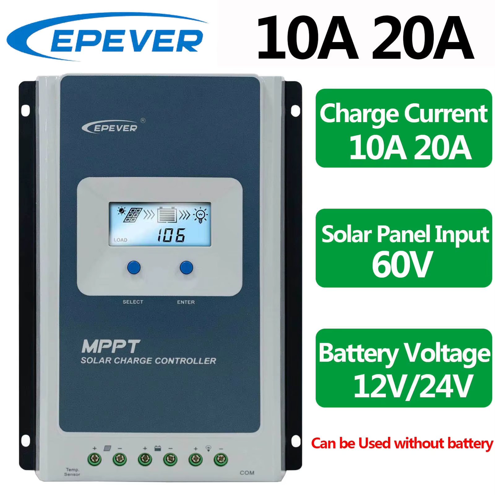 EPEVER 10A 20A MPPT Solar Charge Controller Auto Identify Battery Voltage 12V 24V Max PV Input 60V