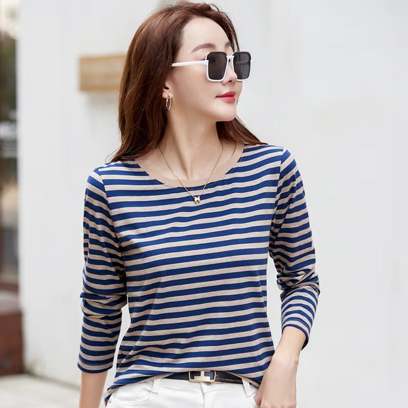 Korean Autumn Women’s Long Sleeve T-shirt Cotton New Fashion Knit Basic Stretch Stripped Tee Shirts For Women 2023