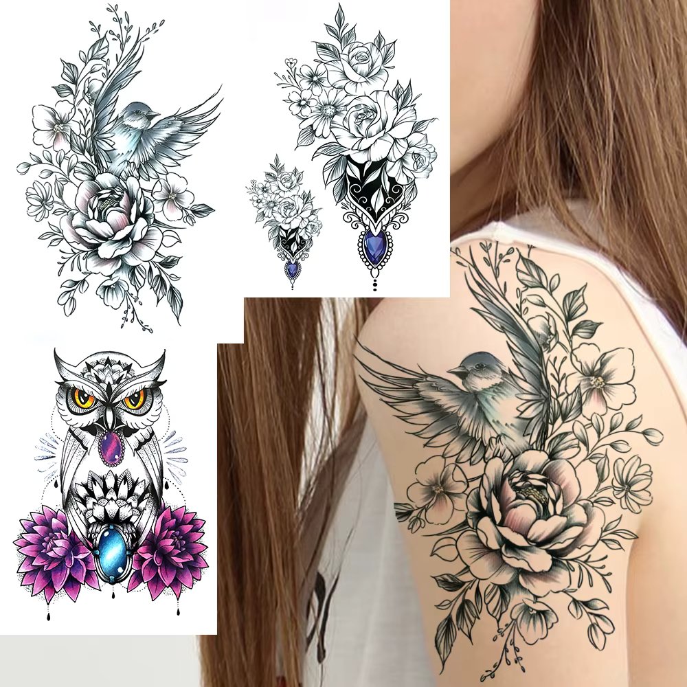 Owl Bird Temporary Tattoos For Women Fake Peony Flower Tattoo Sticker Black Body Art Drawing Tatto Diamond Crystal Jewelry Tatoo