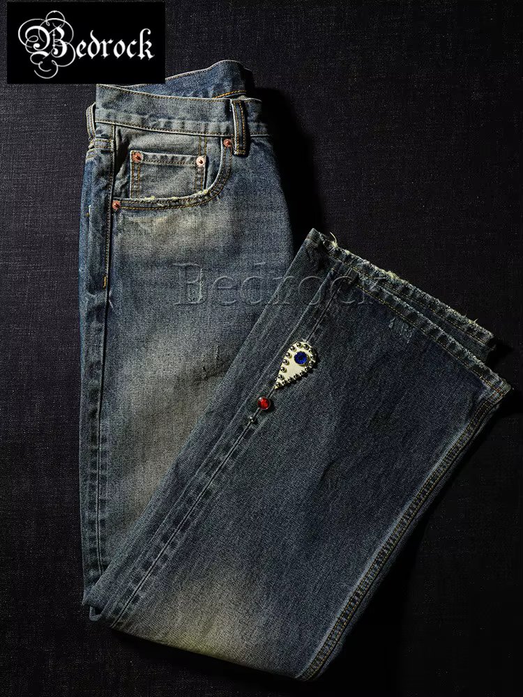 MBBCAR 14.4oz Hippy Vintage distressed Blue bell-bottom trousers Rivet Set Diamond Rock Selvedge Denim Jeans flare pants for men
