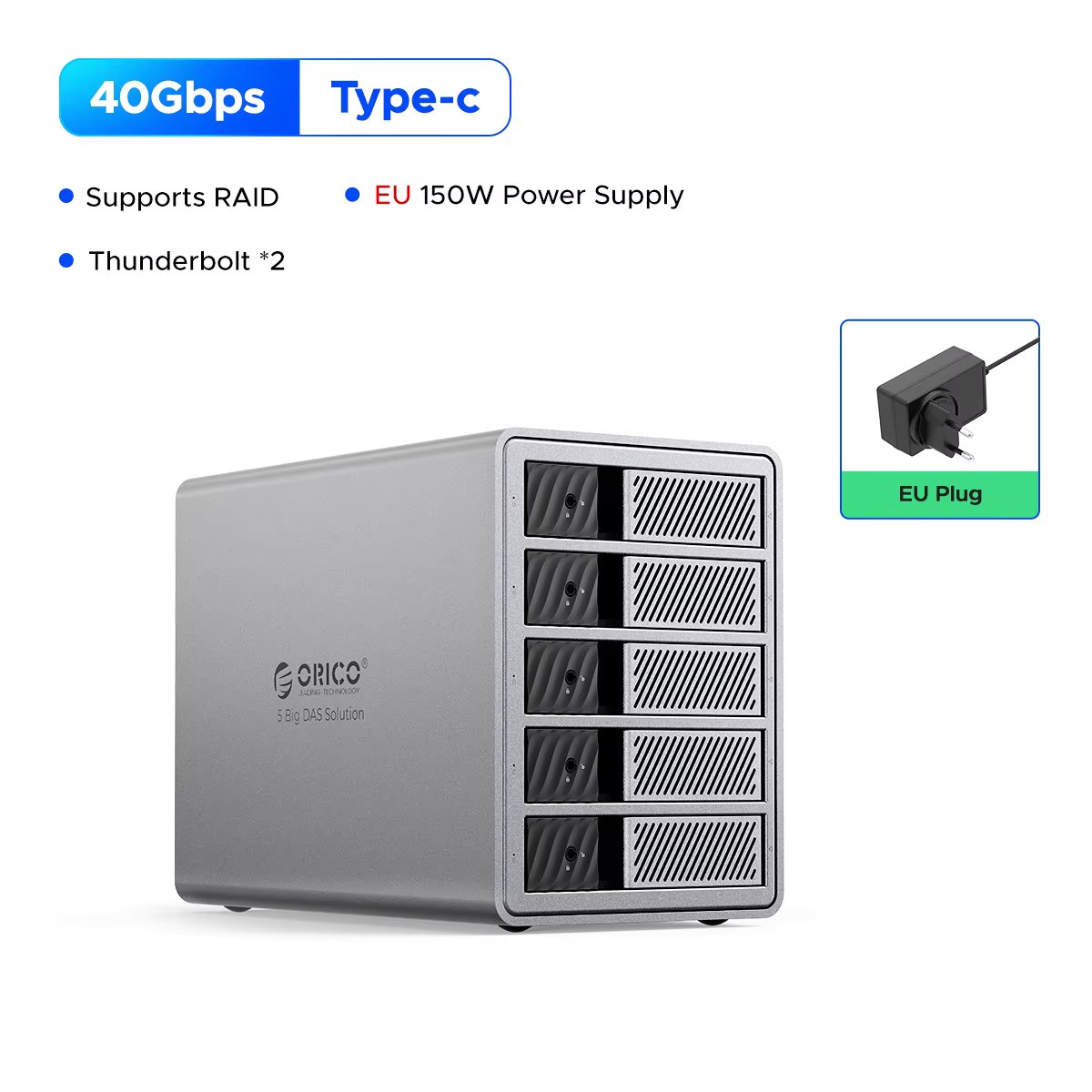 ORICO 5 Bay DAS 40Gbps Daisy Chain HDD Docking Station Type-C 3.5'' HDD Case Soft RAID Compatible for Thunderbolt 3 Cooling Fan