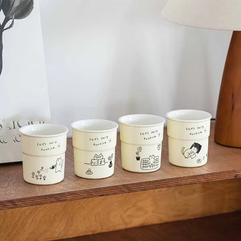 225ml Coffee Cup Print Mug Simple Cute Cat Illustrations Pattern Oat Milk Latte Breakfast Cup Office Home Water Mug Gift